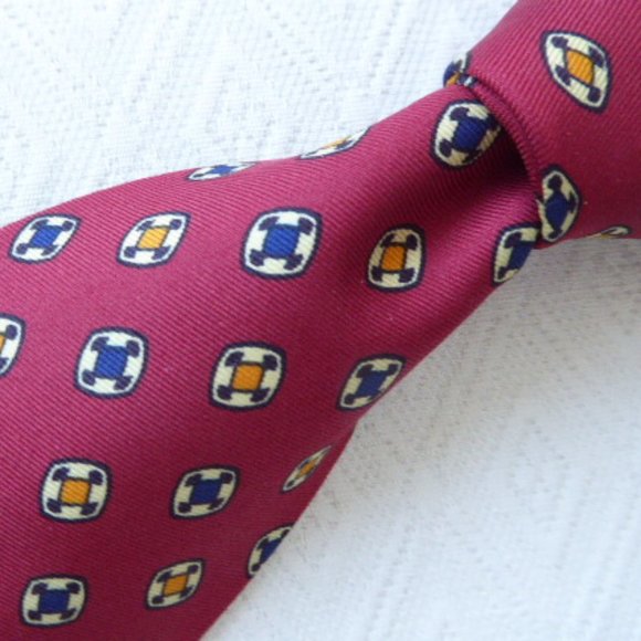 PAUL STUART red floral circle geometric SILK TIE gold blue